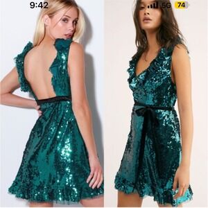 Free People green sequin siren ruffle party dress size 8‎ holiday wedding guest